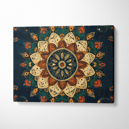 Bohemian lotus mandala canvas wall art in terracotta ivory navy tones