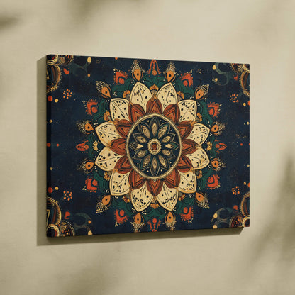 Bohemian lotus mandala canvas wall art in teal indigo cream terracotta navy