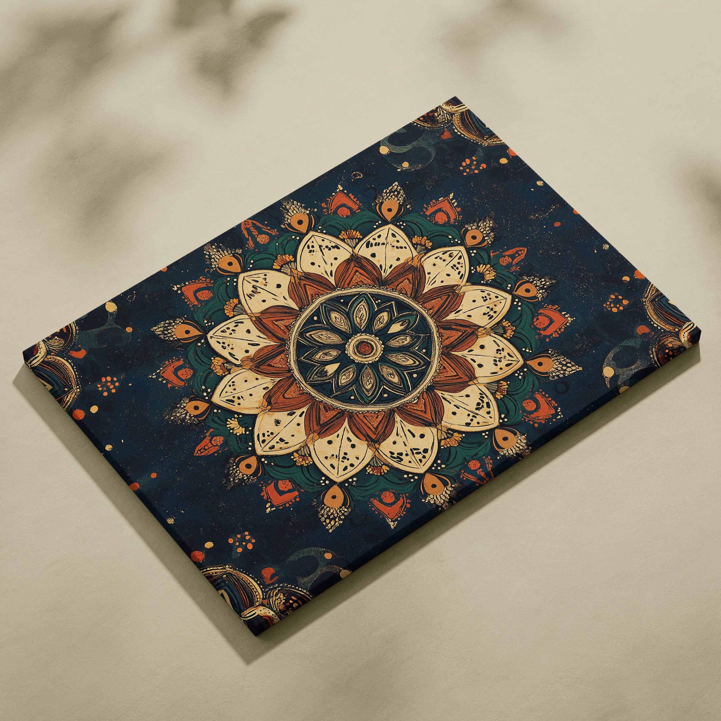 Bohemian lotus mandala canvas wall art in terracotta ivory navy teal gold