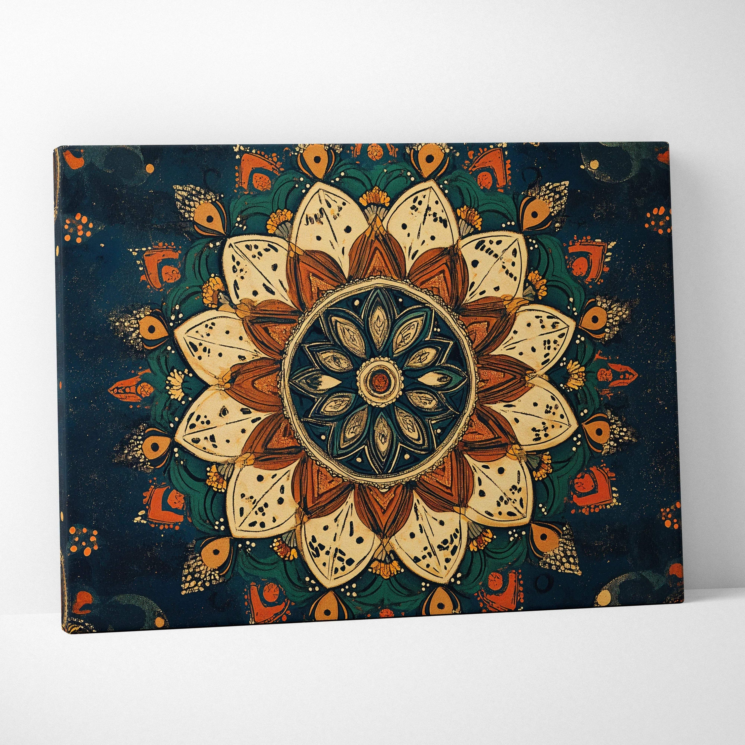 Bohemian lotus mandala canvas wall art in teal, ivory, burnt sienna, gold