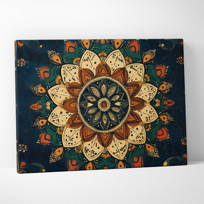 Bohemian lotus mandala canvas wall art in teal, ivory, burnt sienna, gold