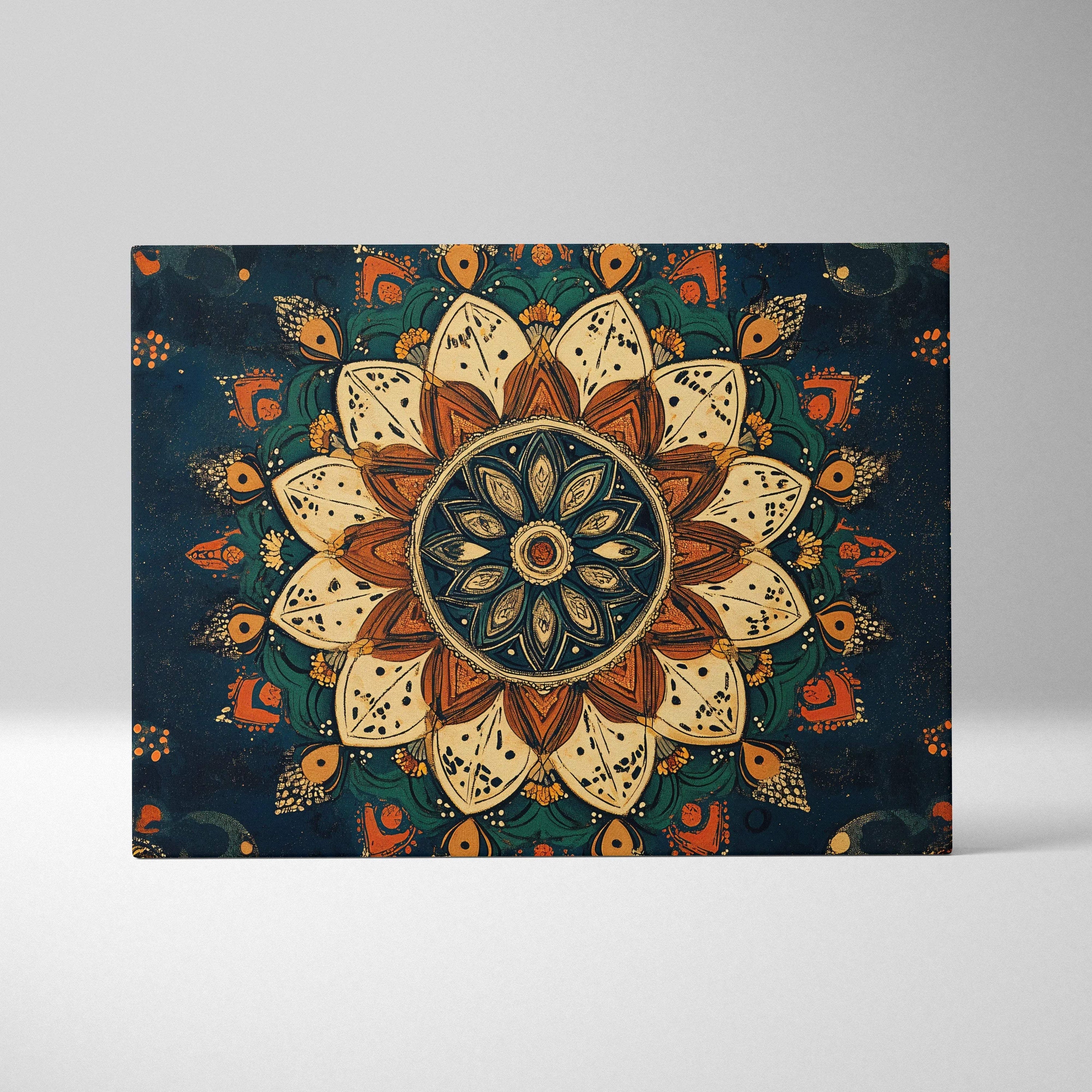 Bohemian lotus mandala canvas wall art in terracotta cream navy tones