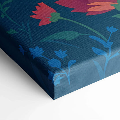 Navy blue canvas print of red teal flowers with green stems Sunrise of Belonging art