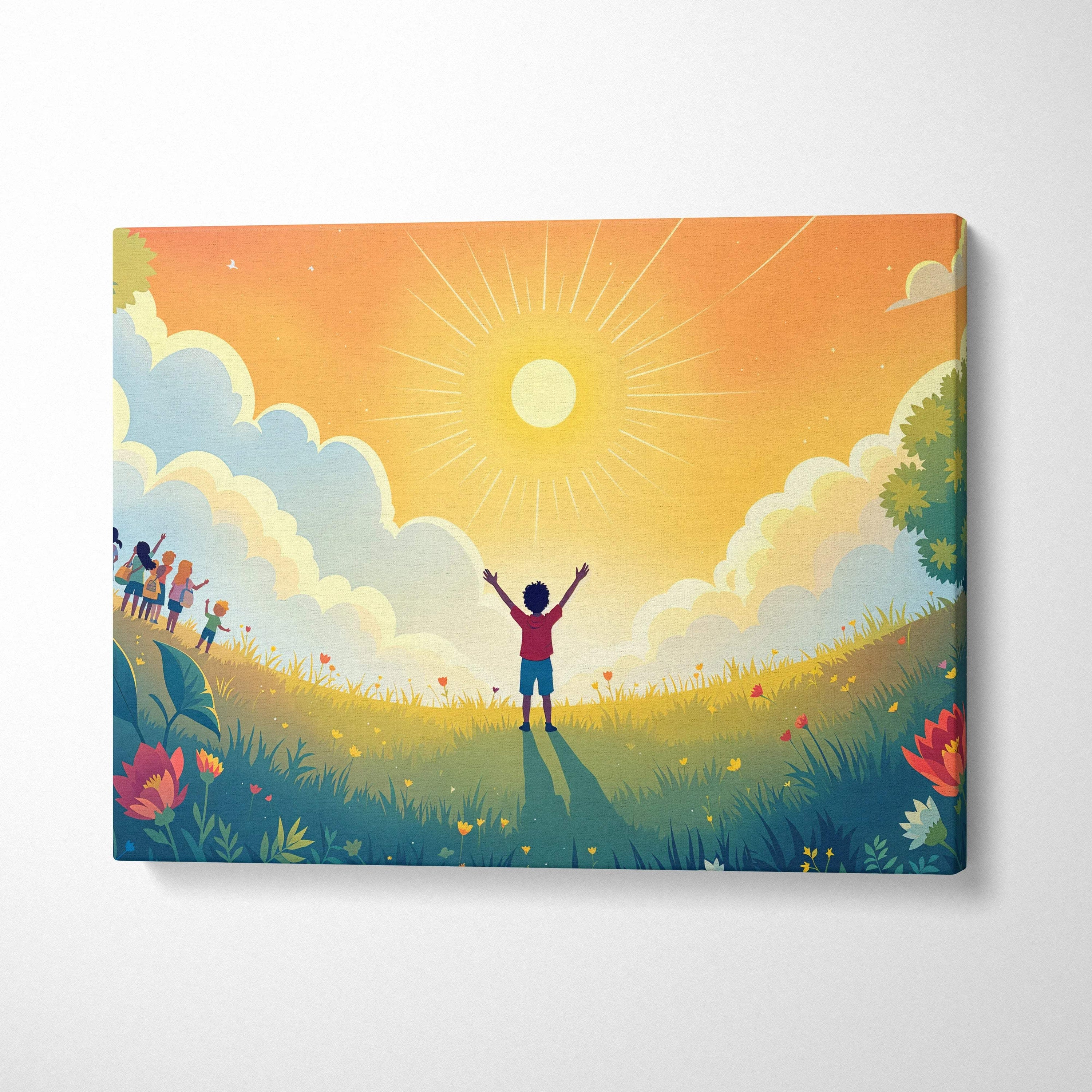 Child greeting radiant sun with arms raised in storybook sunrise canvas art