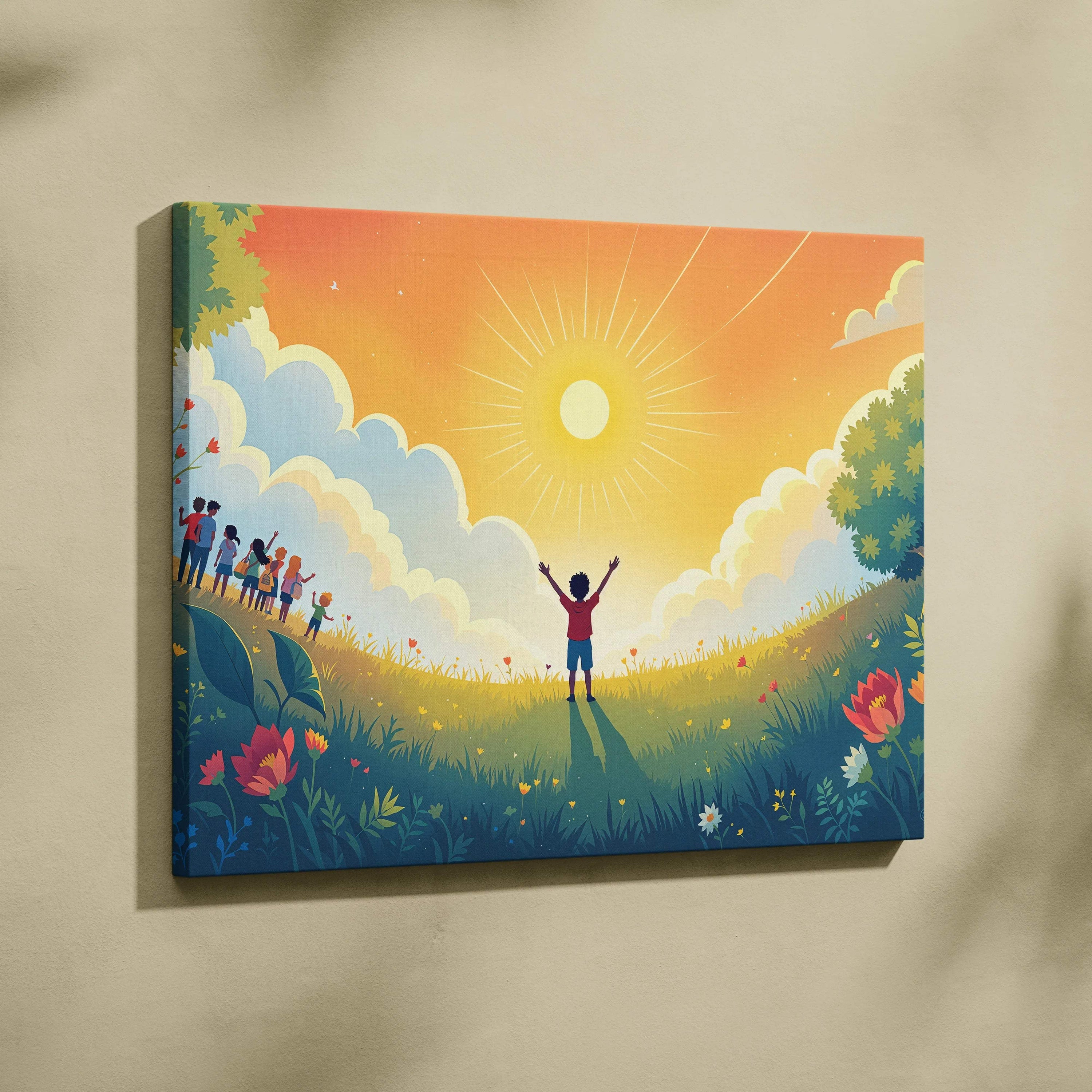 Child in red shirt greeting sunrise on grassy hill, storybook canvas art