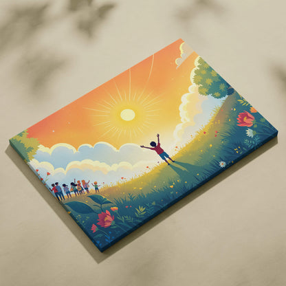 Child leaping joyfully under orange sun in Sunrise Of Belonging canvas art