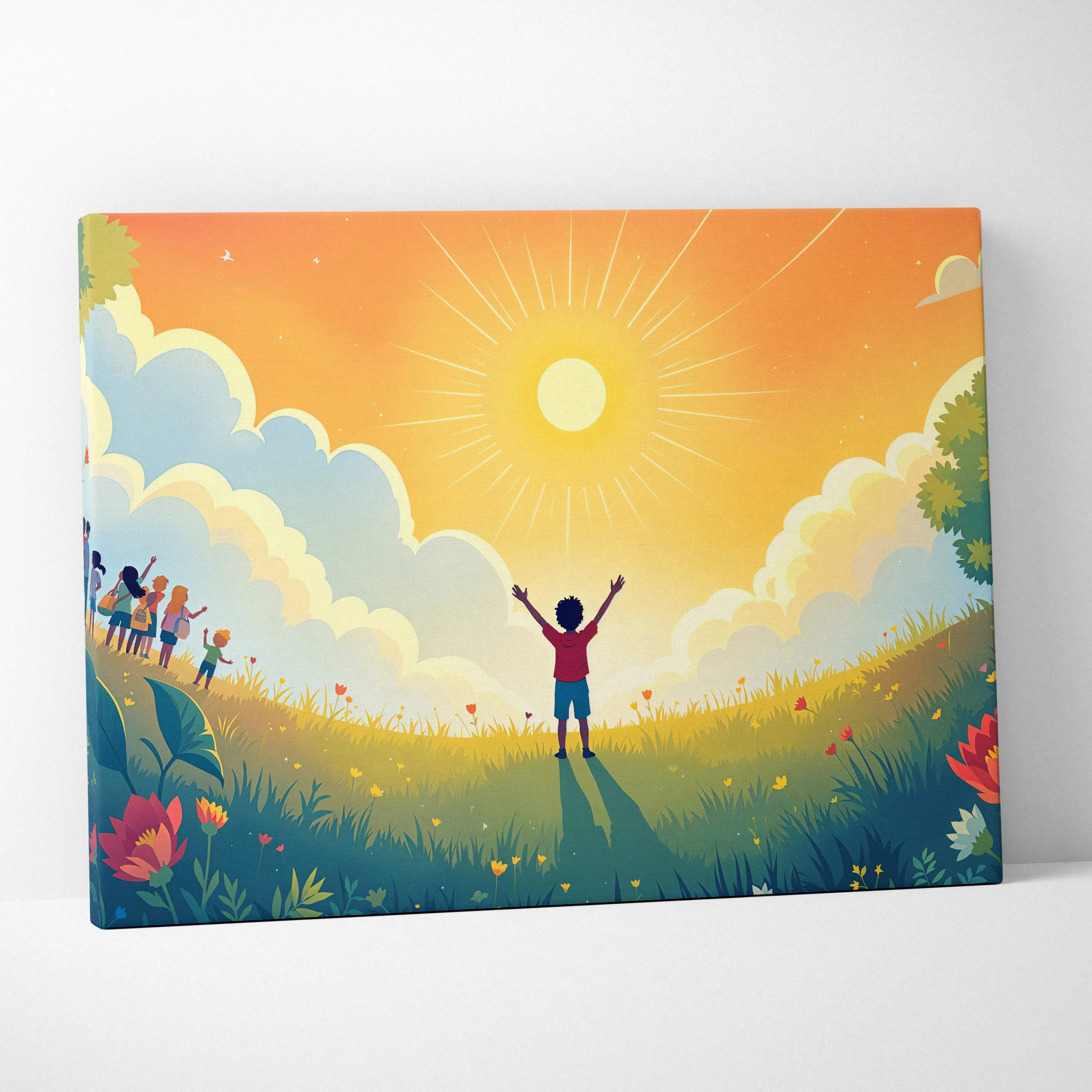 Child in red shirt on grassy hill greeting orange sunrise sun canvas art