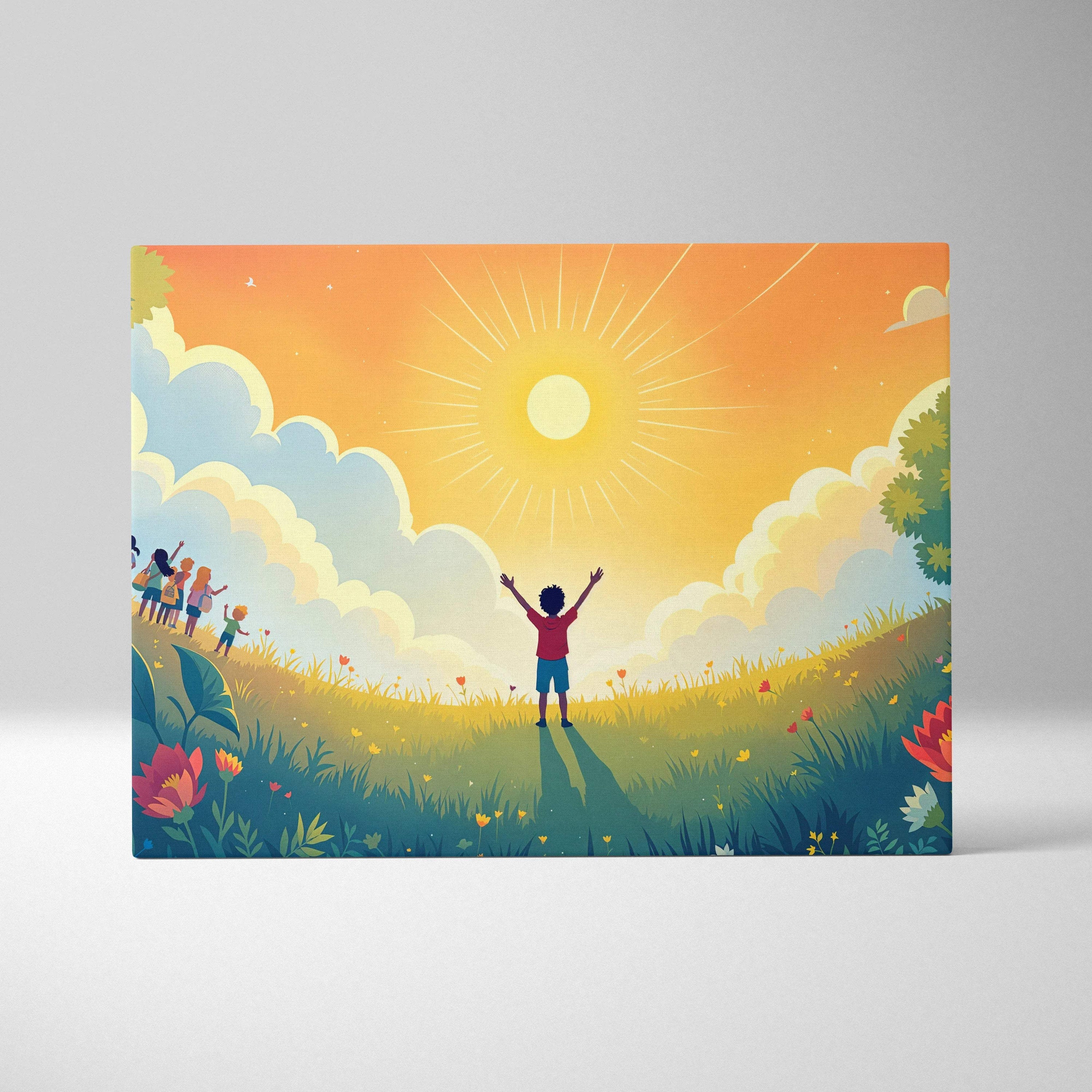 Vibrant child greeting radiant orange sun in storybook meadow canvas art