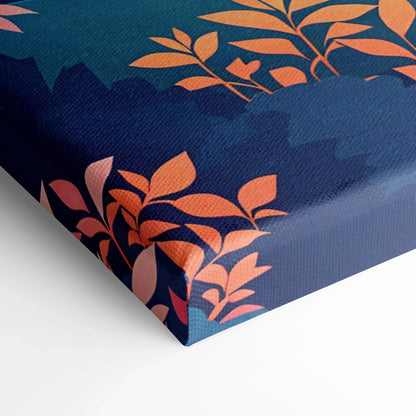 Whimsical valley canvas art with orange pink leaves, sunrise river, teal peaks on navy