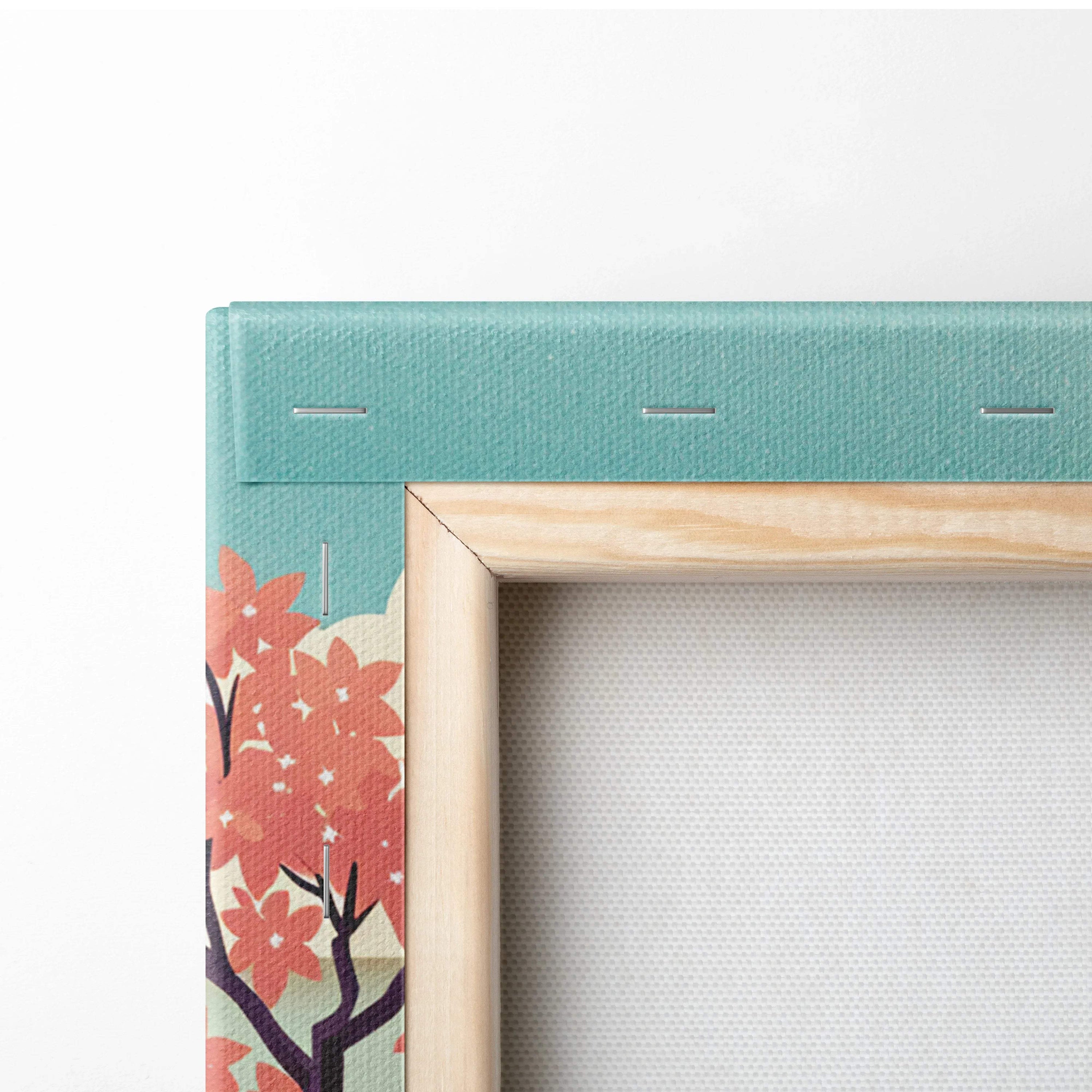 Teal whimsical valley landscape canvas wall art with floral design in wooden frame