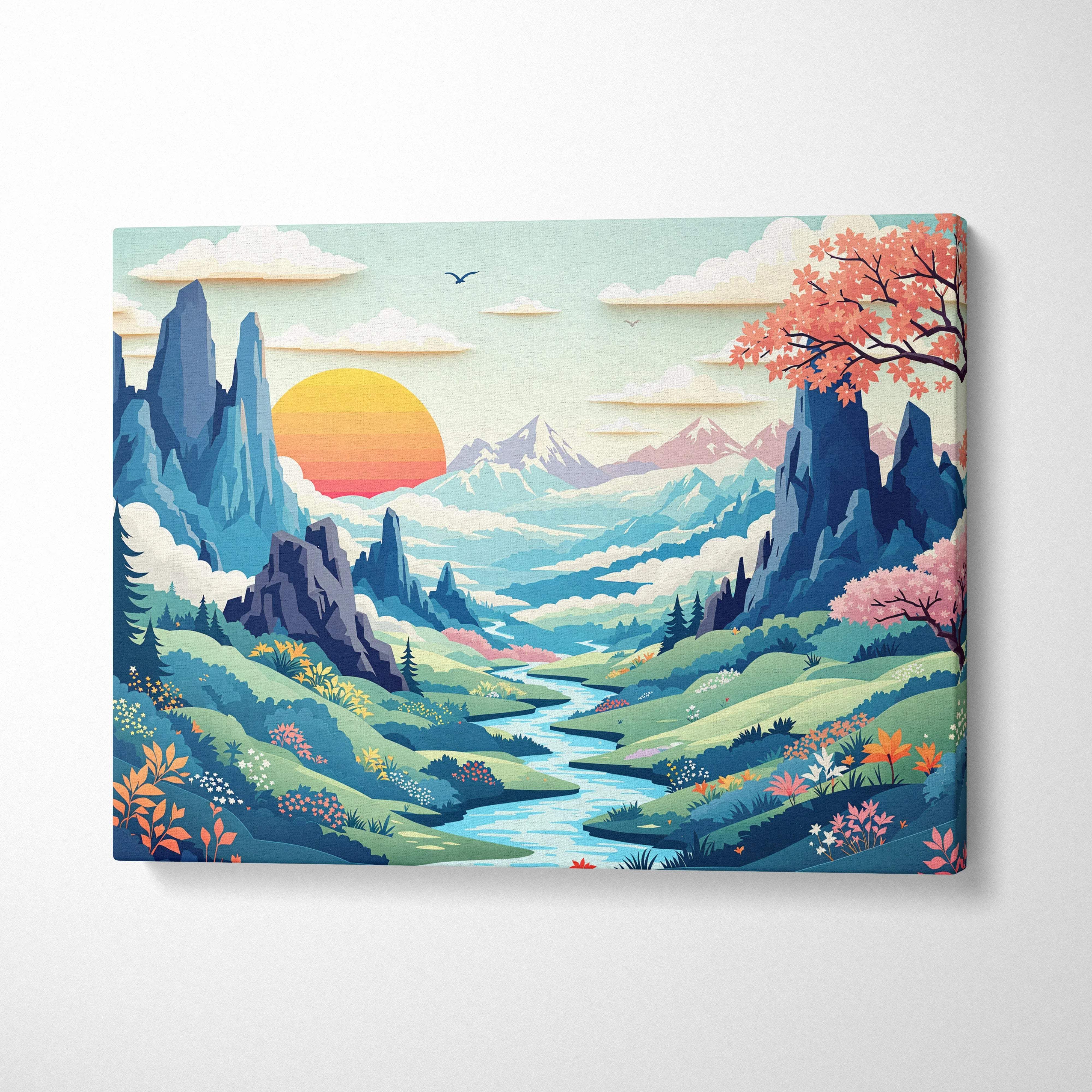 Whimsical valley canvas wall art with sunrise river and teal peaks
