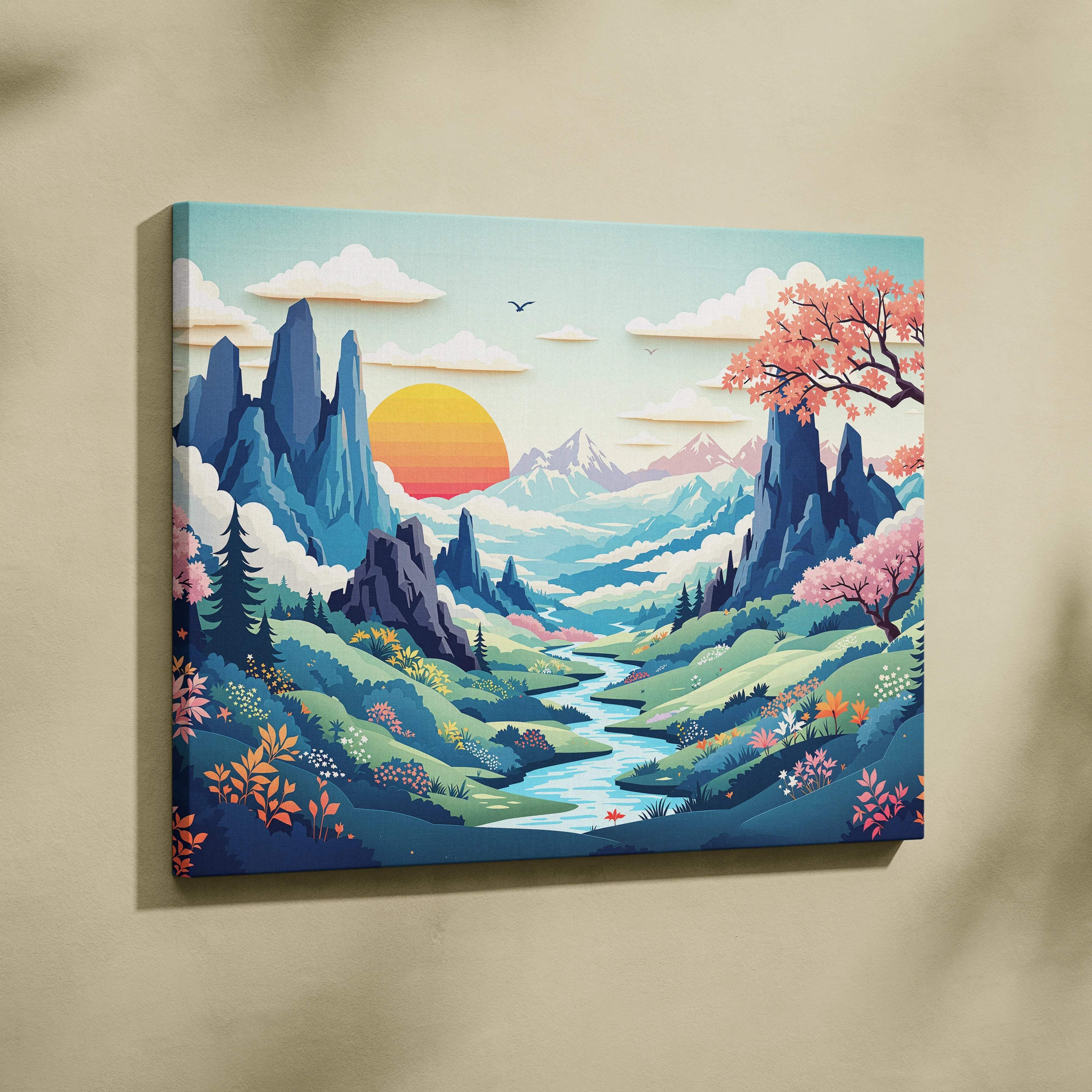 Whimsical valley canvas wall art with sunrise, winding river, teal peaks