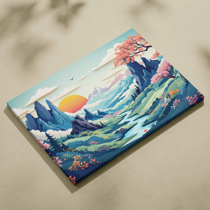 Whimsical valley canvas wall art with glowing orange sunrise, teal peaks, river, blossoms