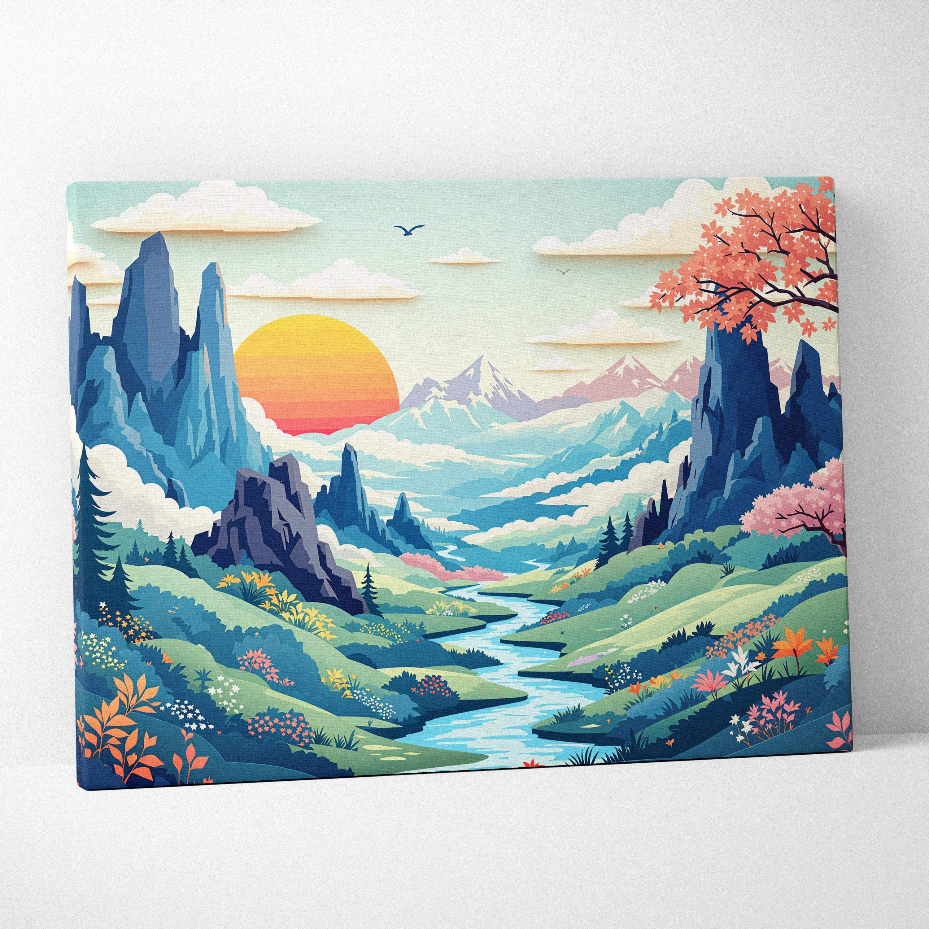 Whimsical valley landscape canvas wall art with sunrise, winding river, teal peaks