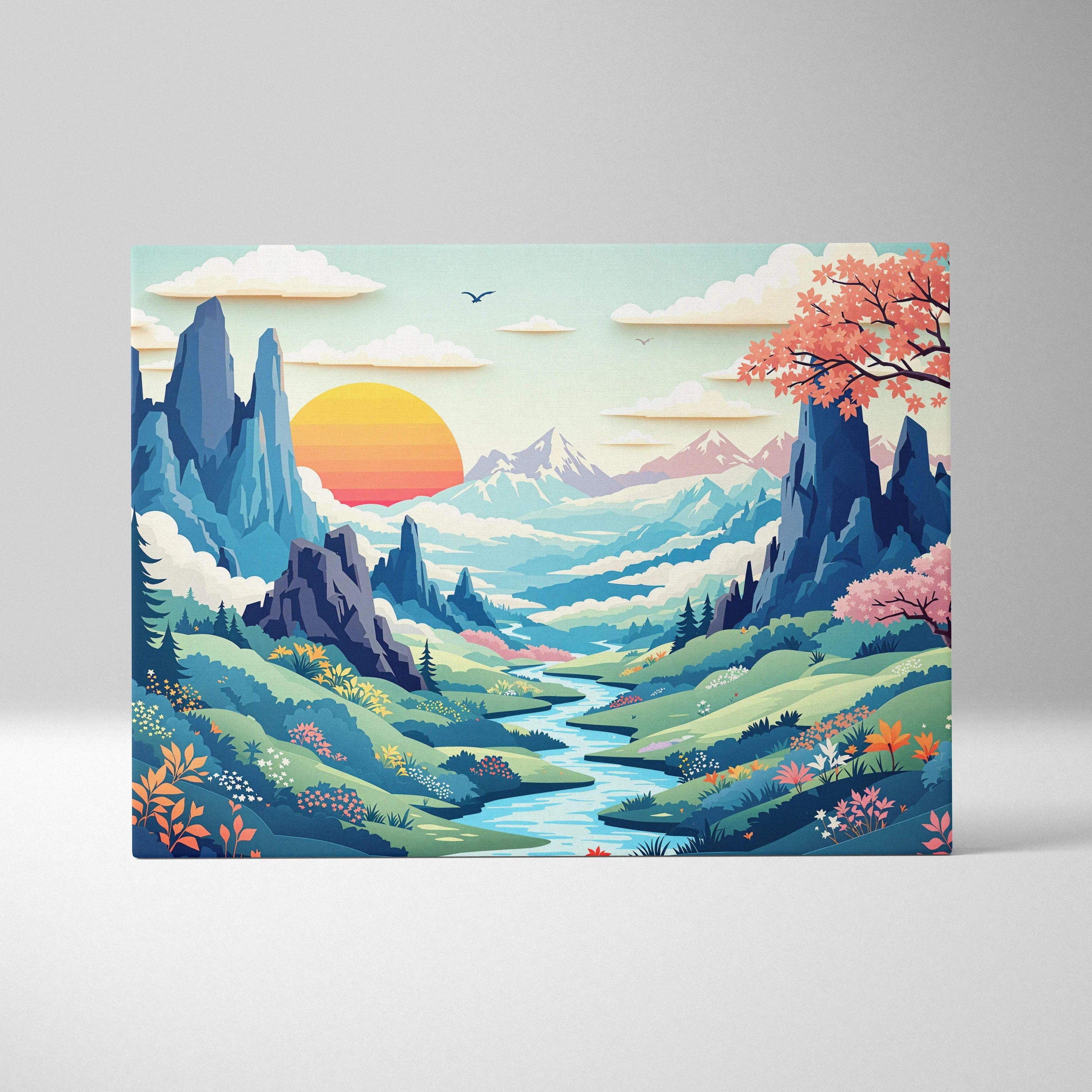 Whimsical valley canvas wall art with sunrise river, teal peaks, cherry blossoms