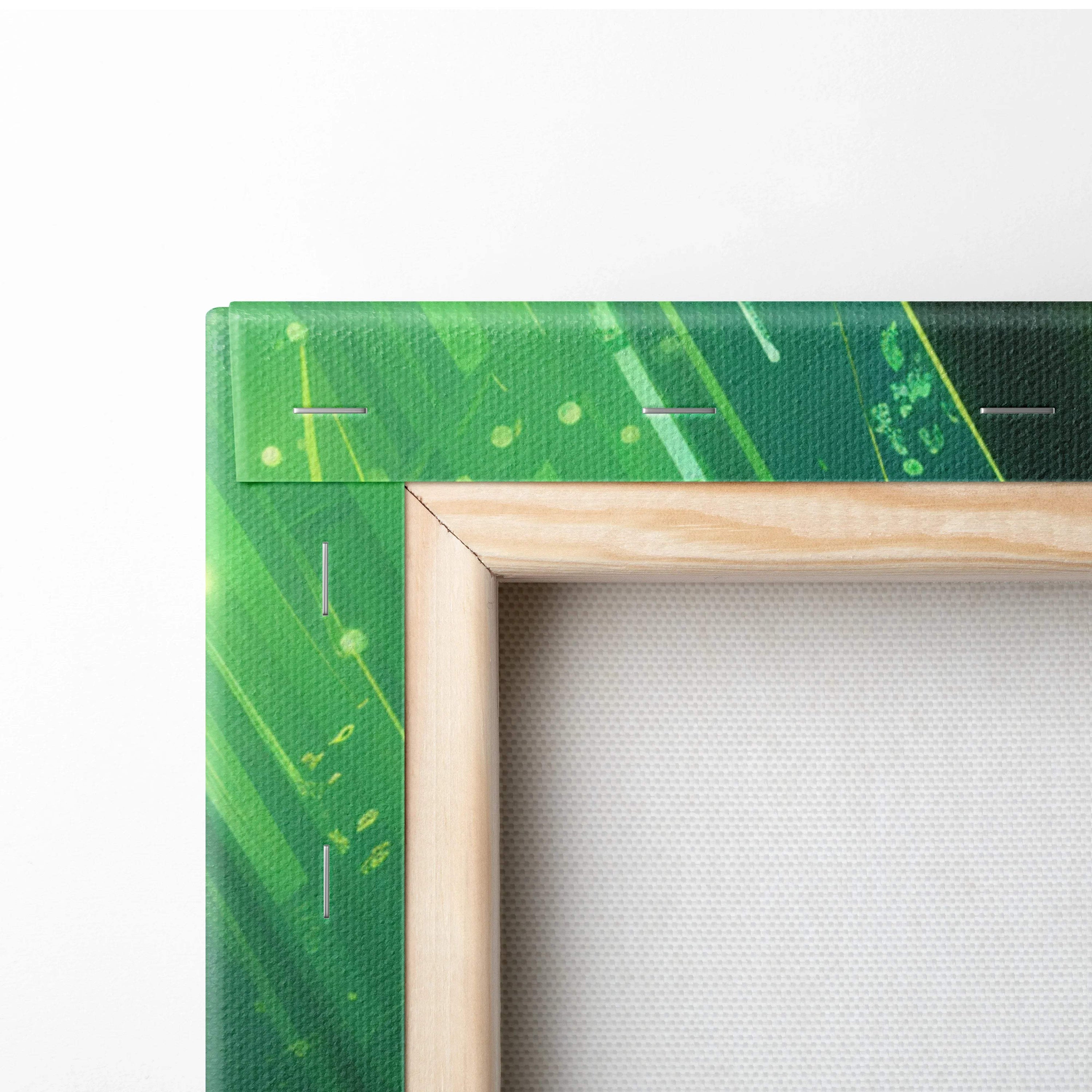 Emerald Bamboo Grove canvas wall art in jade green lime teal gold, light wood frame