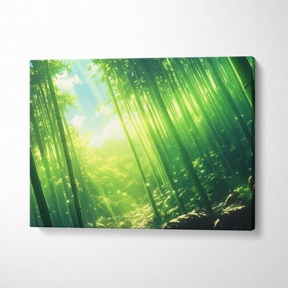 Emerald Bamboo Grove canvas print with sunbeams in jade green gold