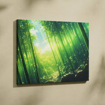 Emerald Bamboo Grove canvas wall art in jade green lime misty teal gold