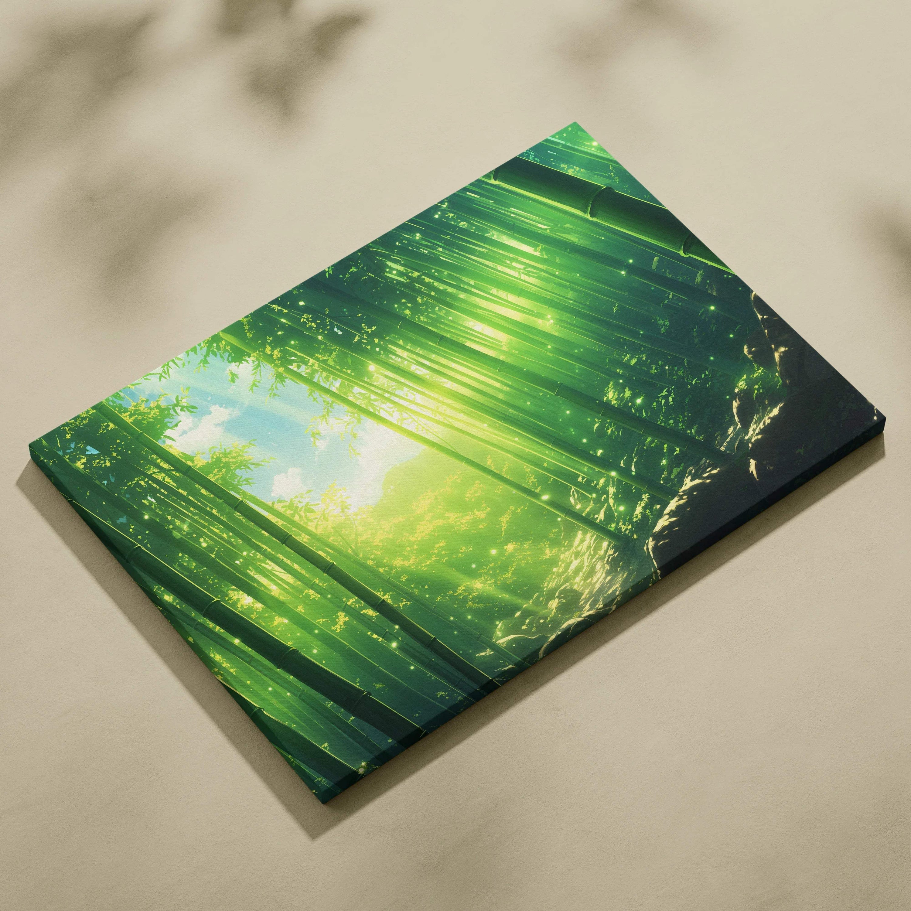 Emerald Bamboo Grove canvas wall art with serene cinematic light in jade green and gold