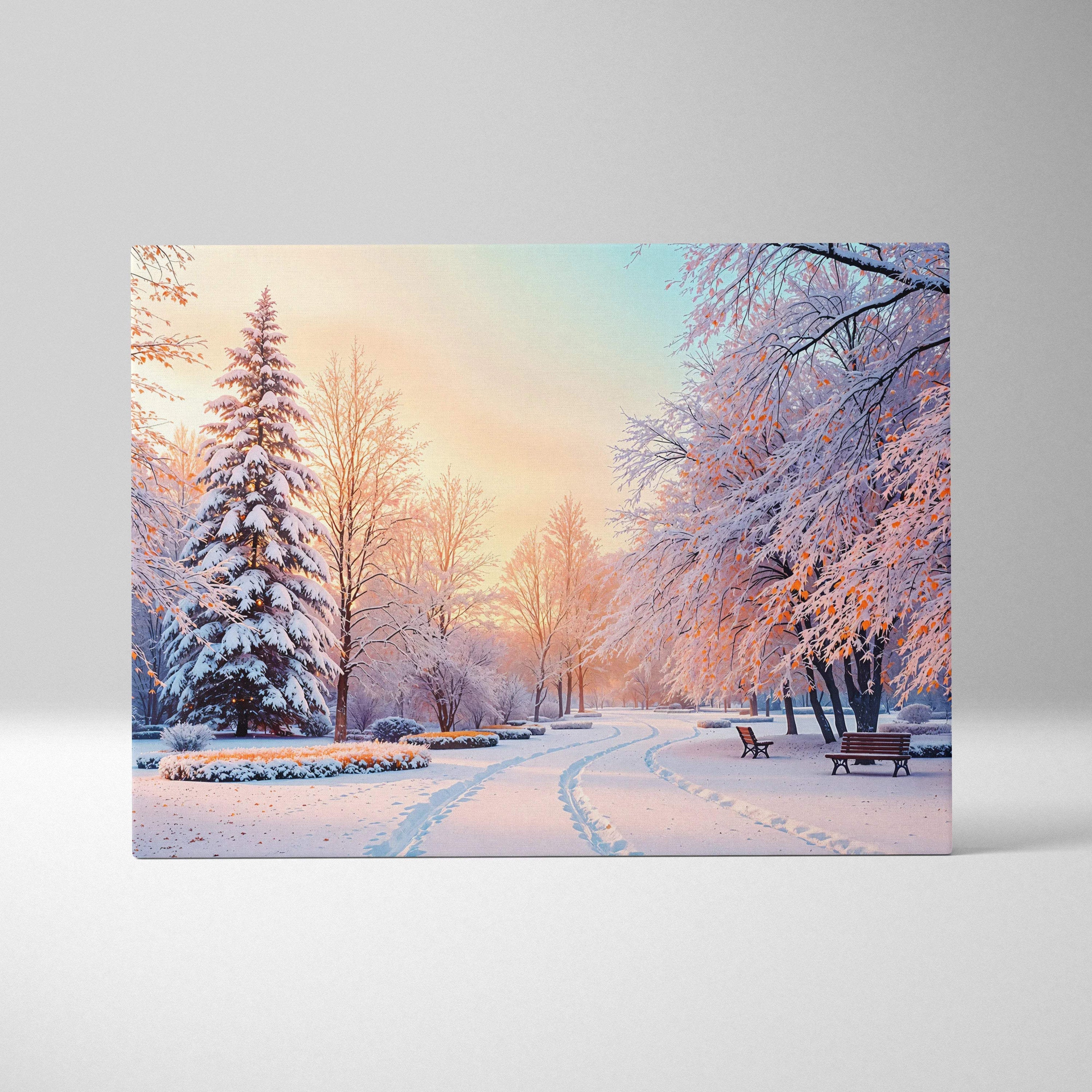 Snowy park canvas print with frost trees, path, golden hour pastel skies