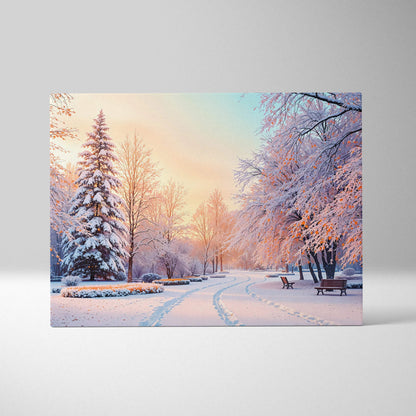 Snowy park canvas print with frost trees, path, golden hour pastel skies