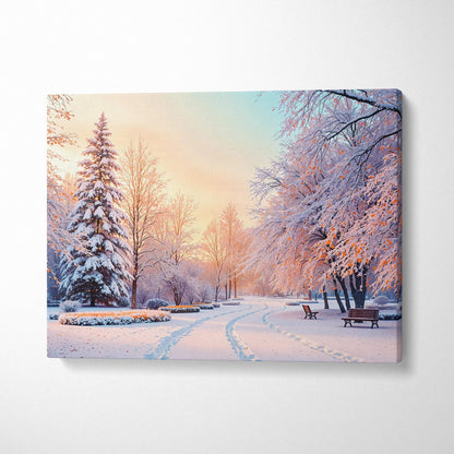 Snow-covered park canvas print in icy blue, amber, apricot tones