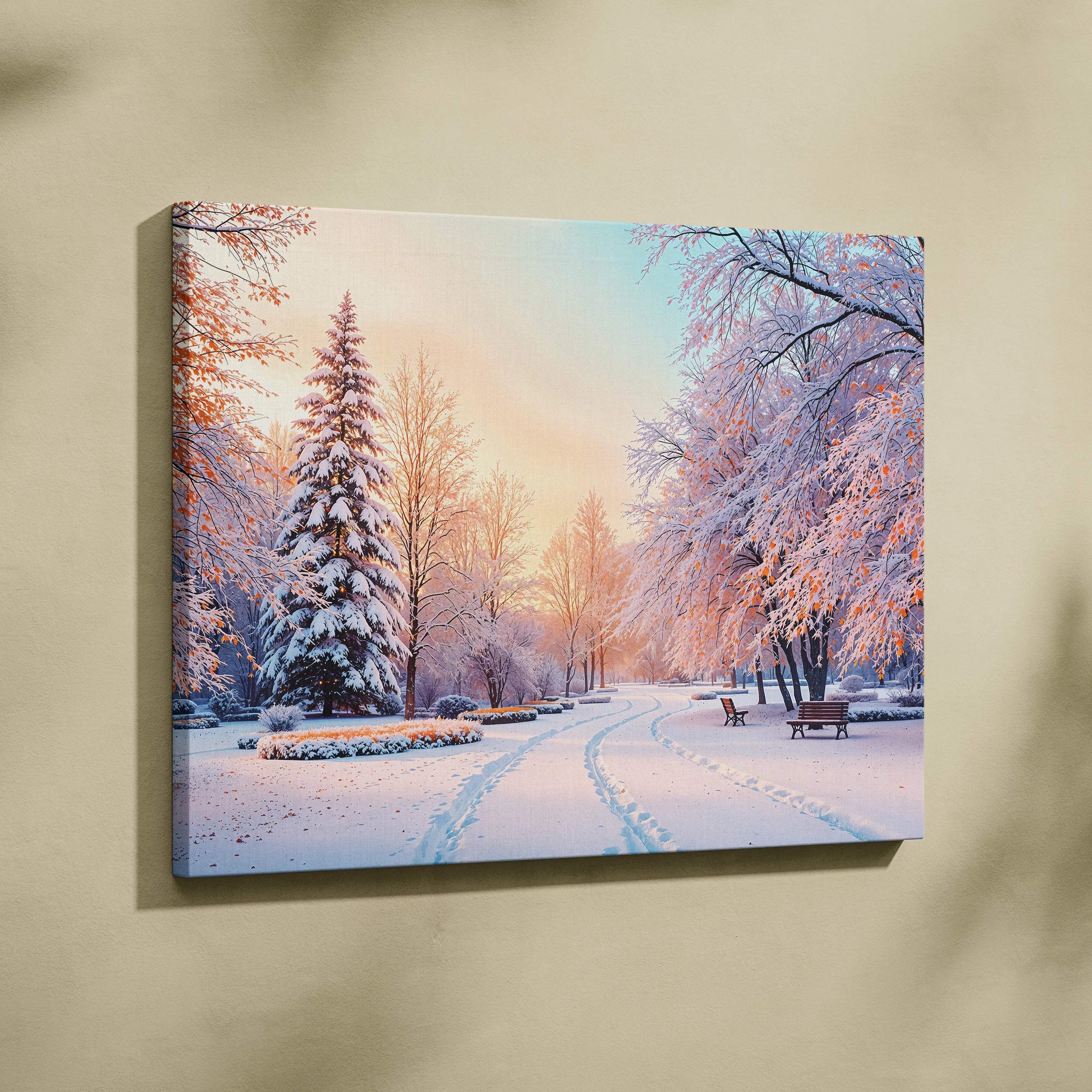 Snowy winter park canvas print with frosty trees and path at golden hour