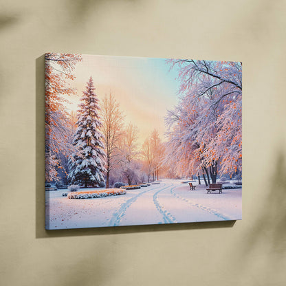 Snowy winter park canvas print with frosty trees and path at golden hour