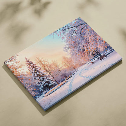 Snow-covered winter park at golden hour on canvas wall art