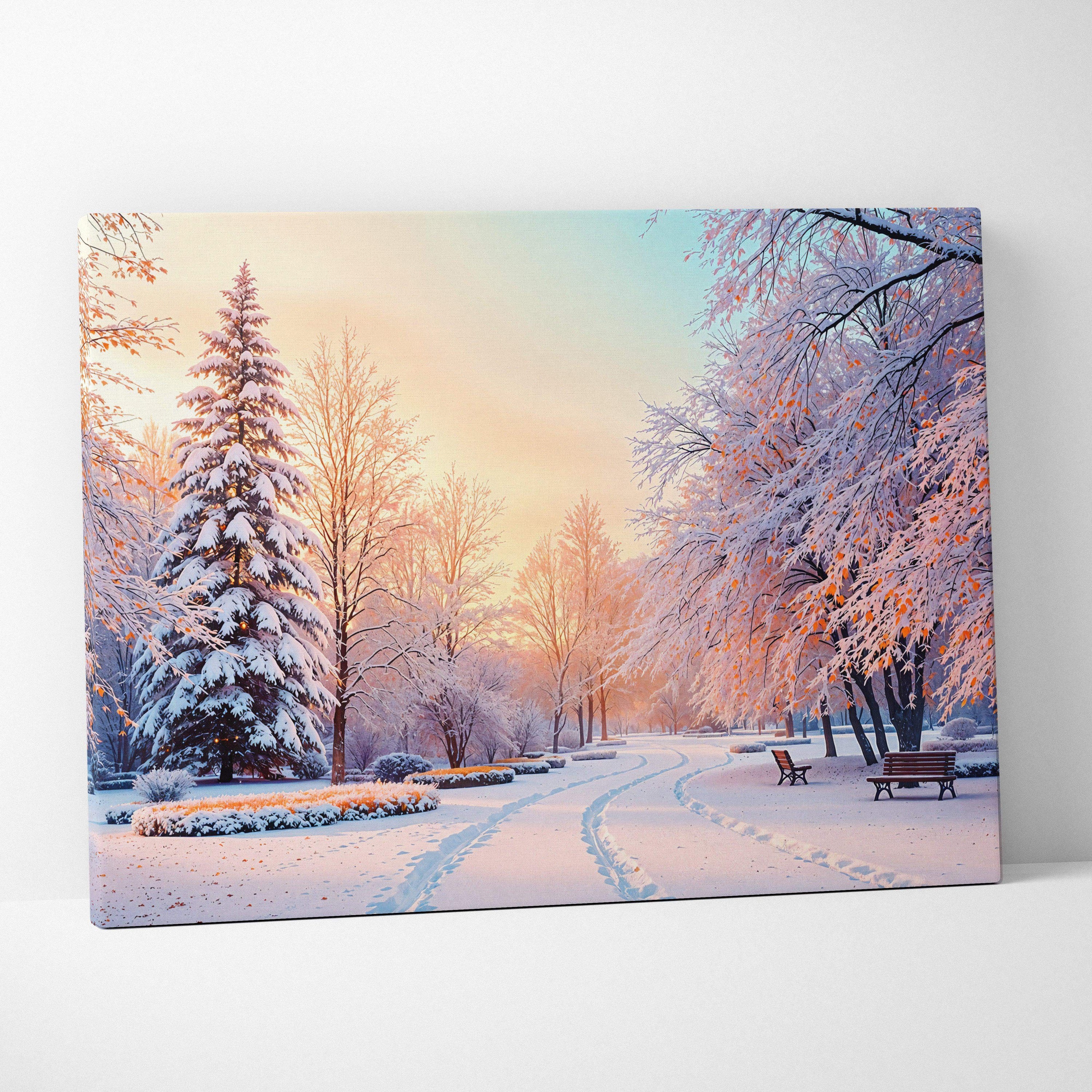 Snow-covered winter park canvas print in icy blue, amber tones