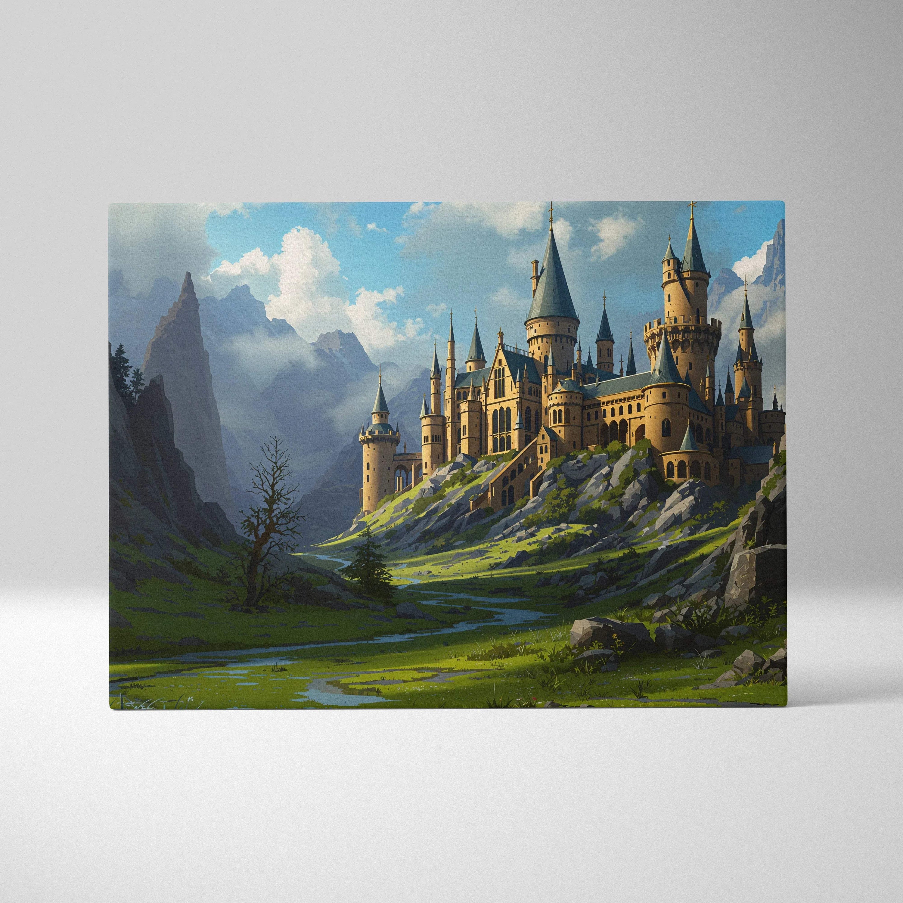 Majestic stone castle canvas print with spires amid misty cliffs and verdant vale