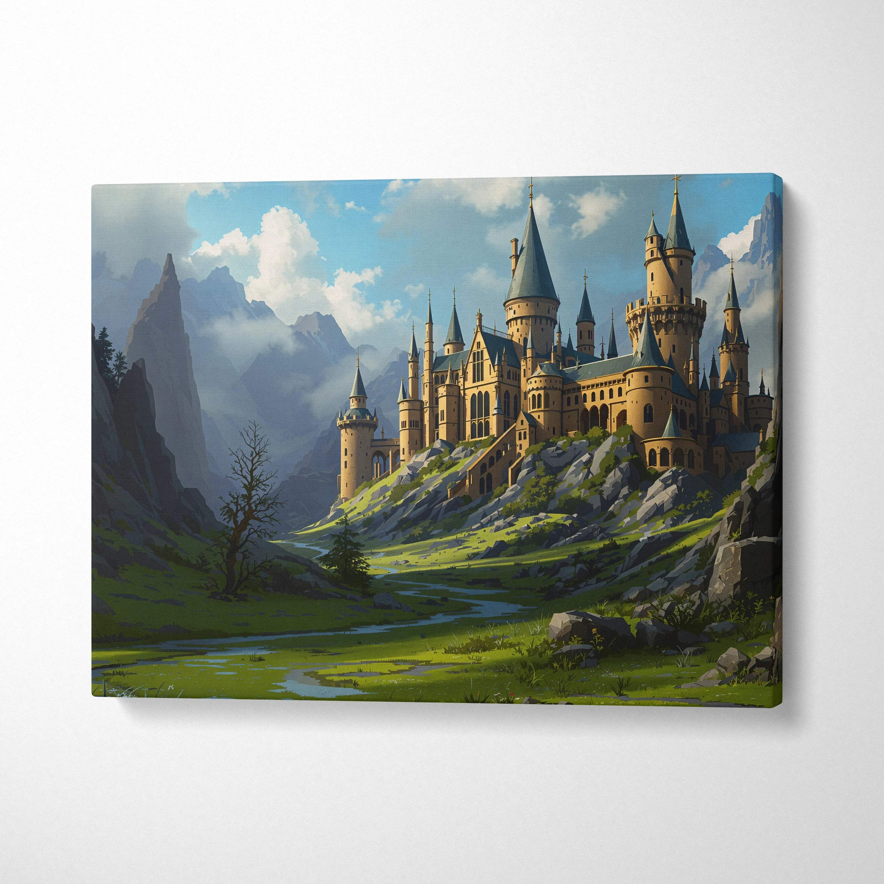 Majestic stone castle canvas print with spires amid misty cliffs in verdant vale