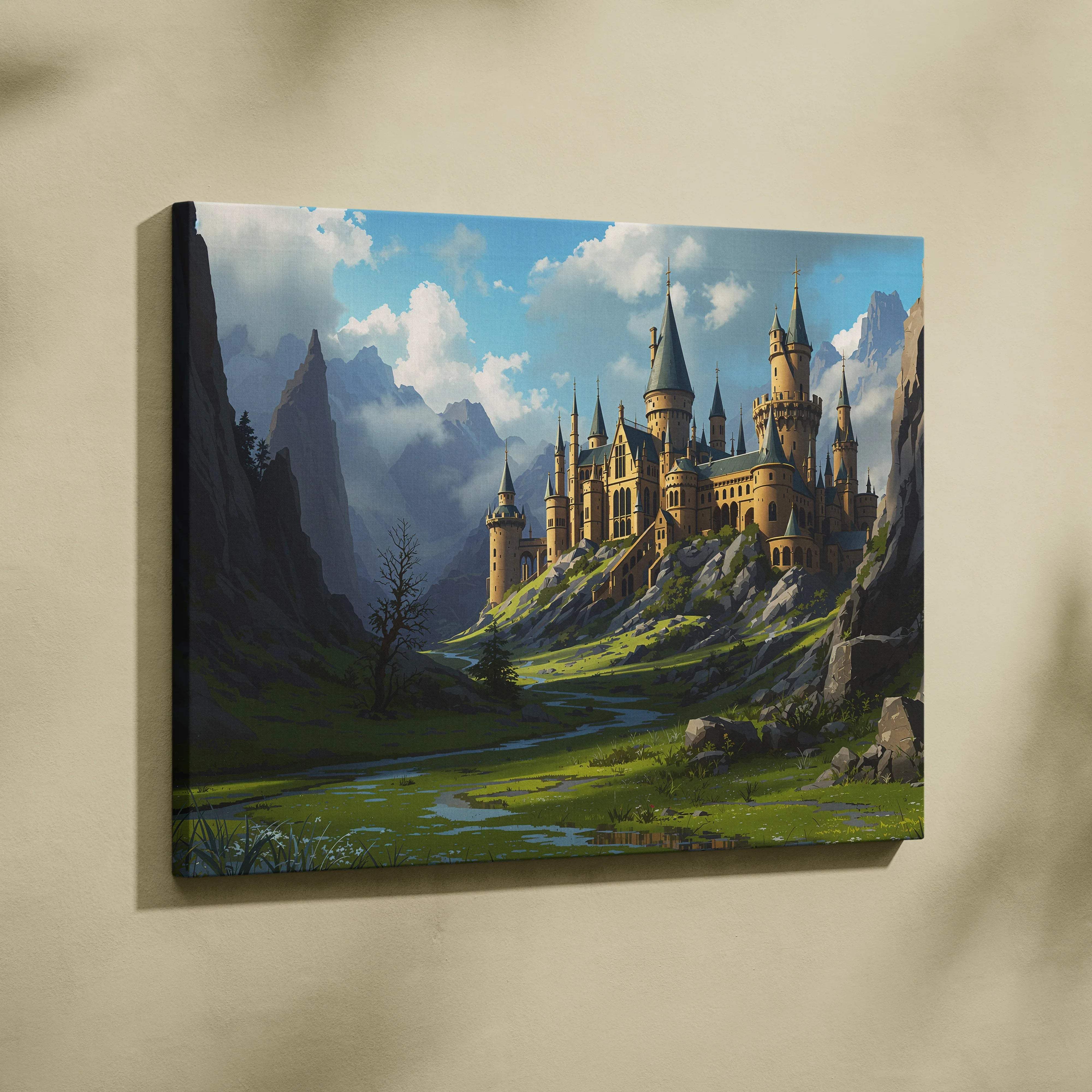 Majestic stone castle canvas print with spires amid verdant cliffs and mountains