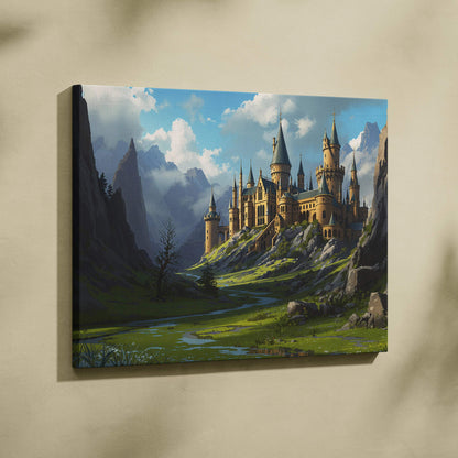 Majestic stone castle canvas print with spires amid verdant cliffs and mountains