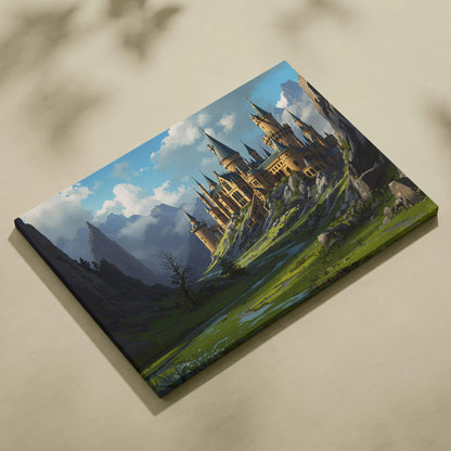 Majestic golden castle canvas art amid verdant hills and blue sky