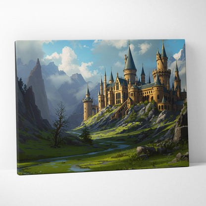 Majestic stone castle canvas print with spires amid misty green mountains