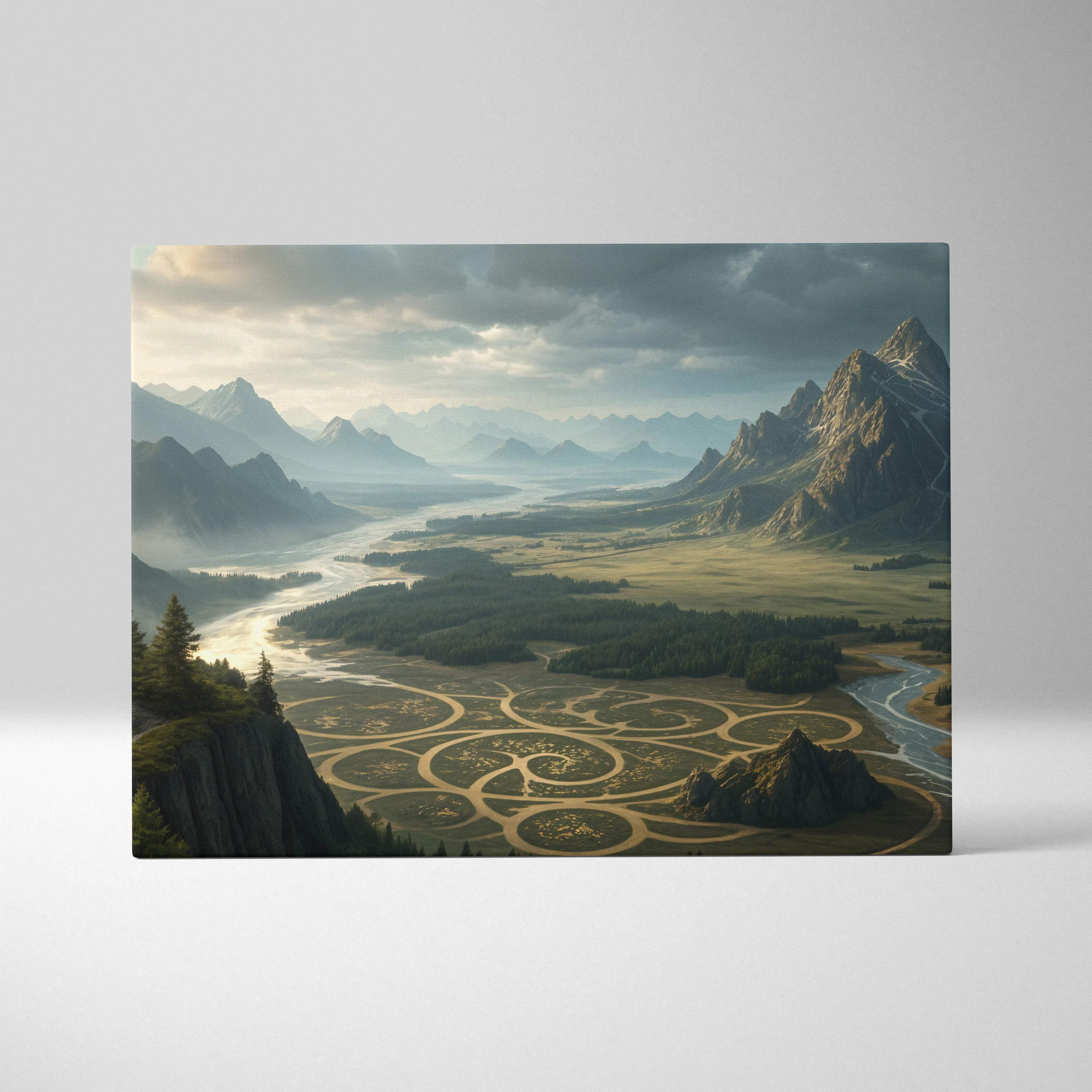 Great Valley Glyph canvas wall art with mountain landscape, river, sage green valley