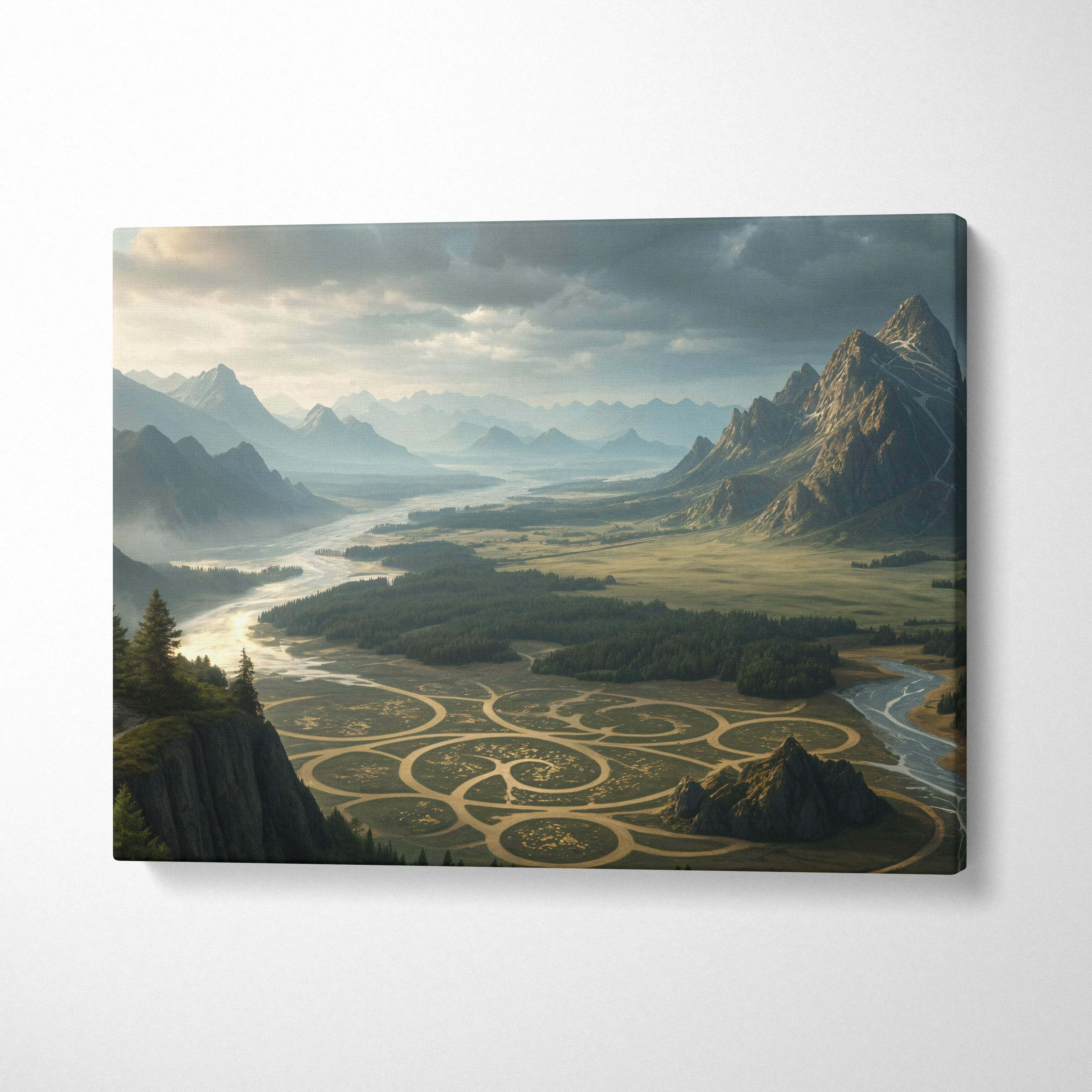 The Great Valley Glyph canvas wall art misty mountain valley with rivers