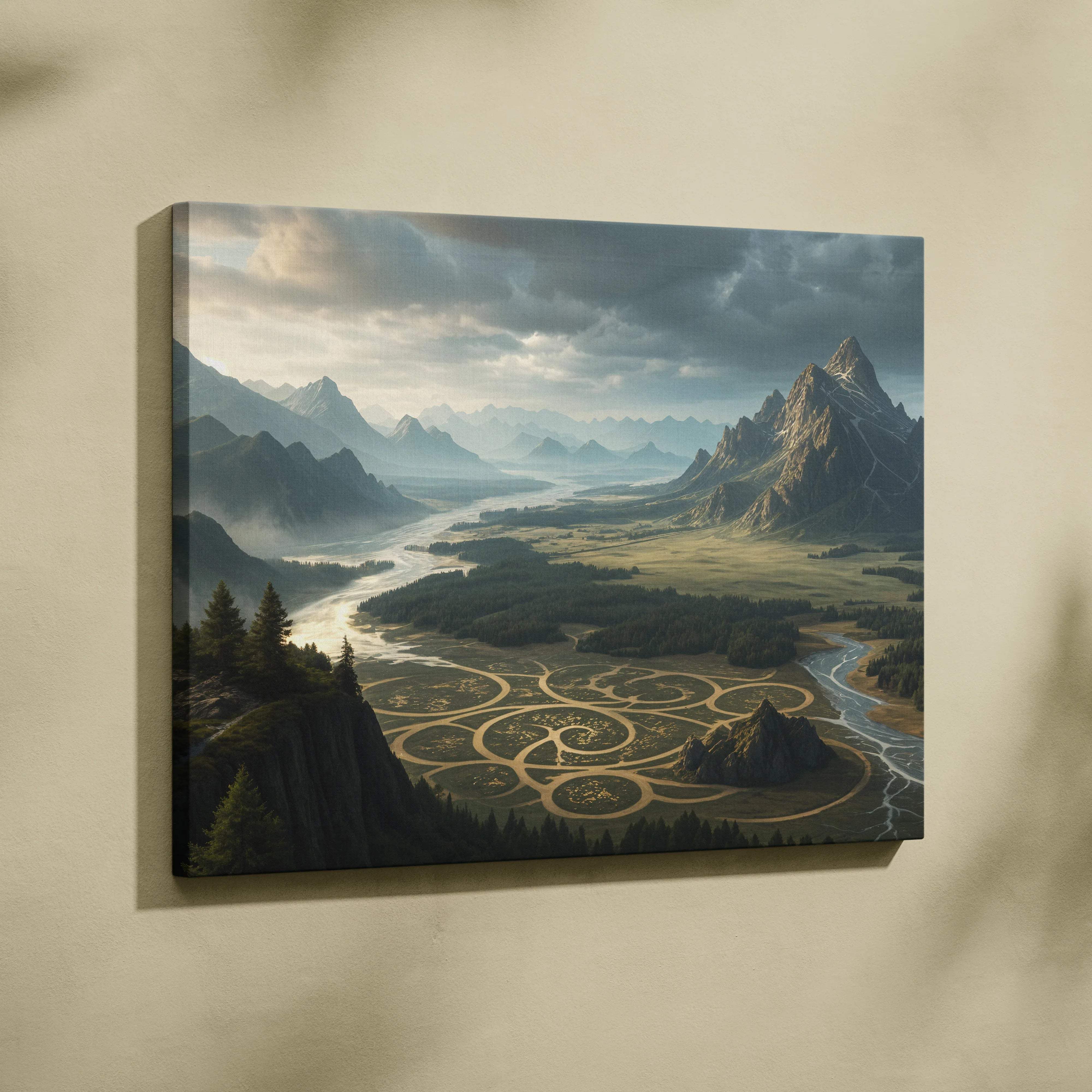 The Great Valley Glyph canvas wall art with mountain landscape, river, sage green, stone gray