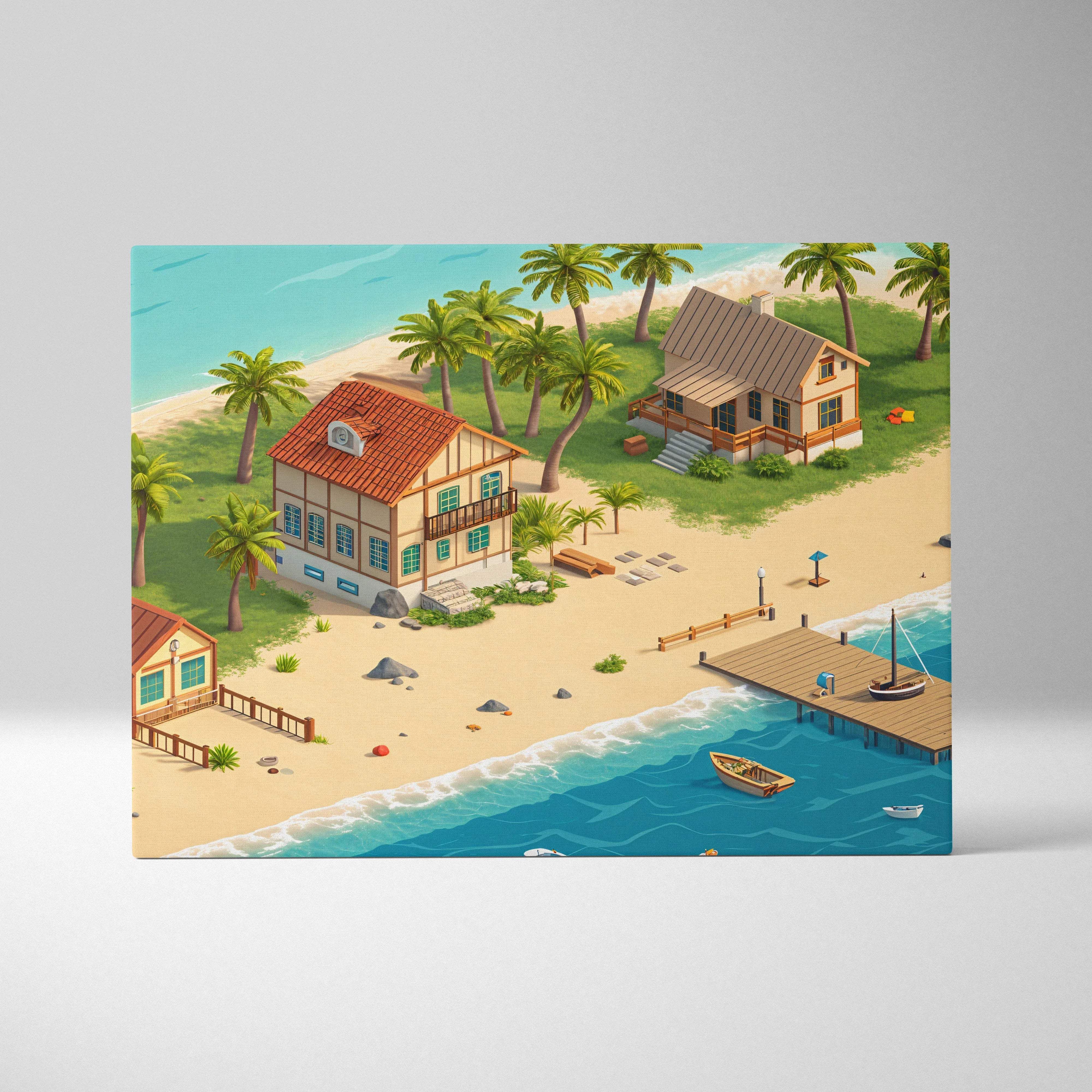 Palmshore Haven isometric coastal village wall art with lighthouse cottages