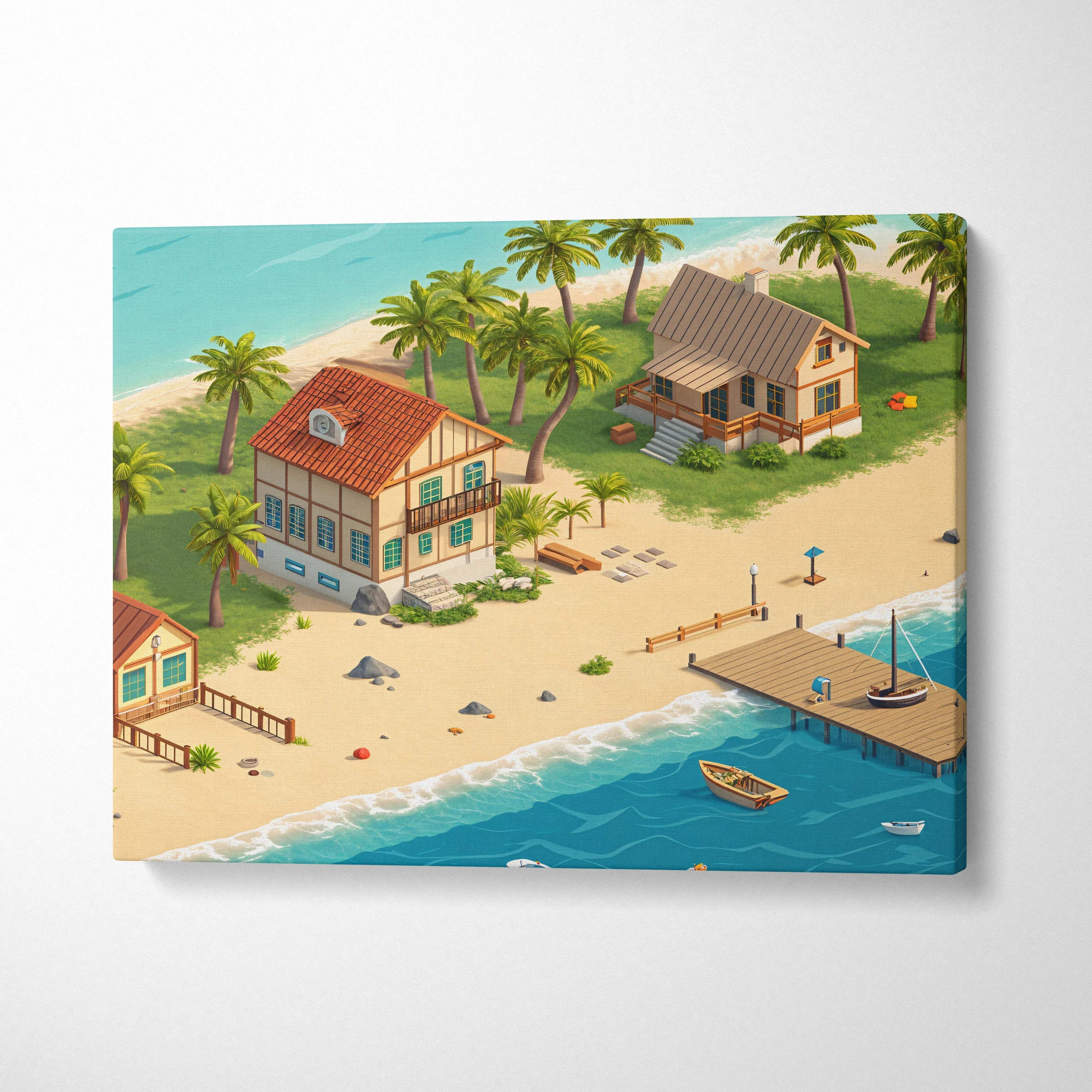 Palmshore Haven isometric coastal village wall art with lighthouse cottages turquoise seas