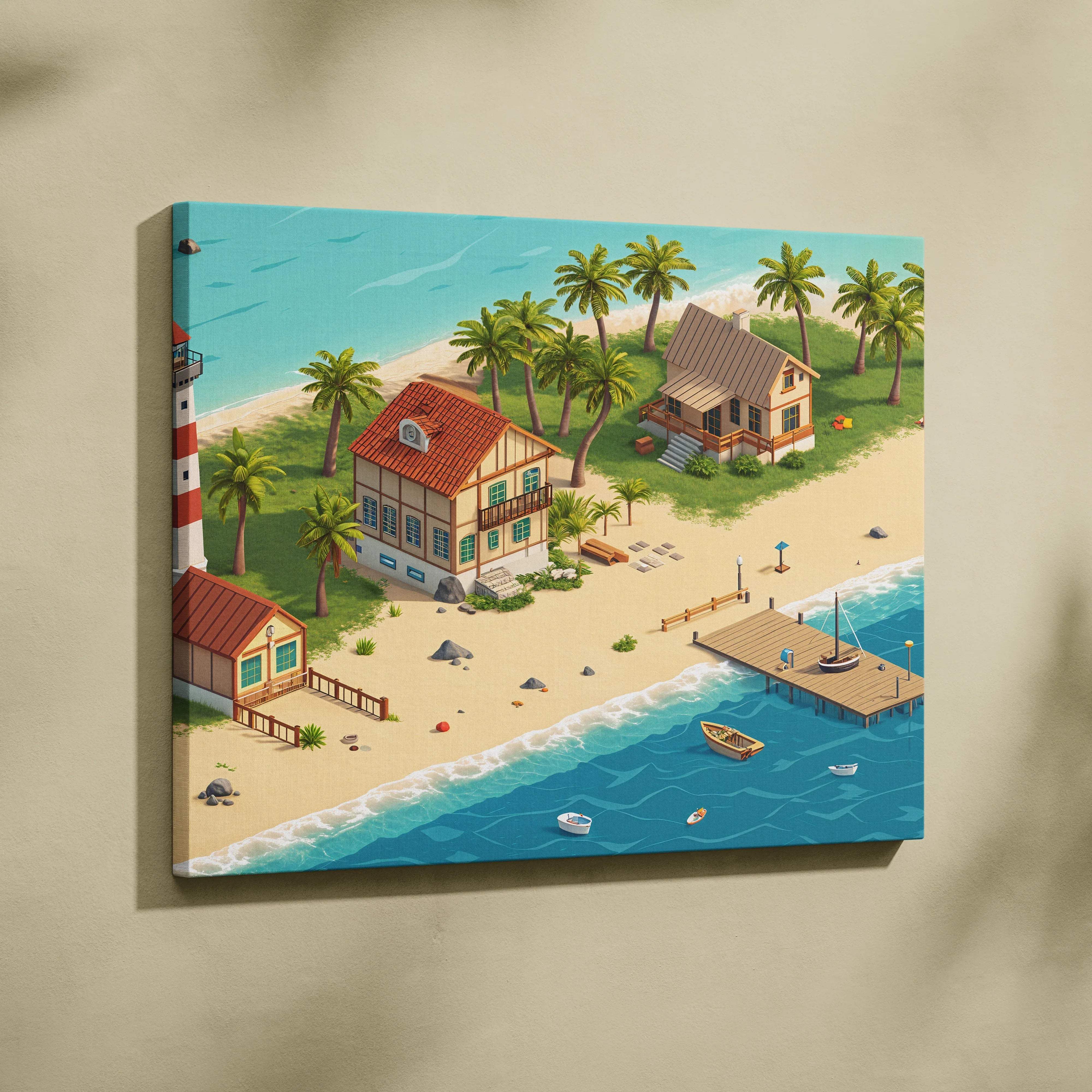 Palmshore Haven isometric coastal village wall art with striped lighthouse