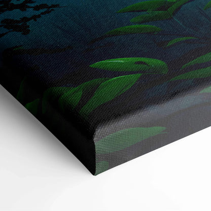 Whispering Firefly Grove canvas print with vibrant green leaves on navy background