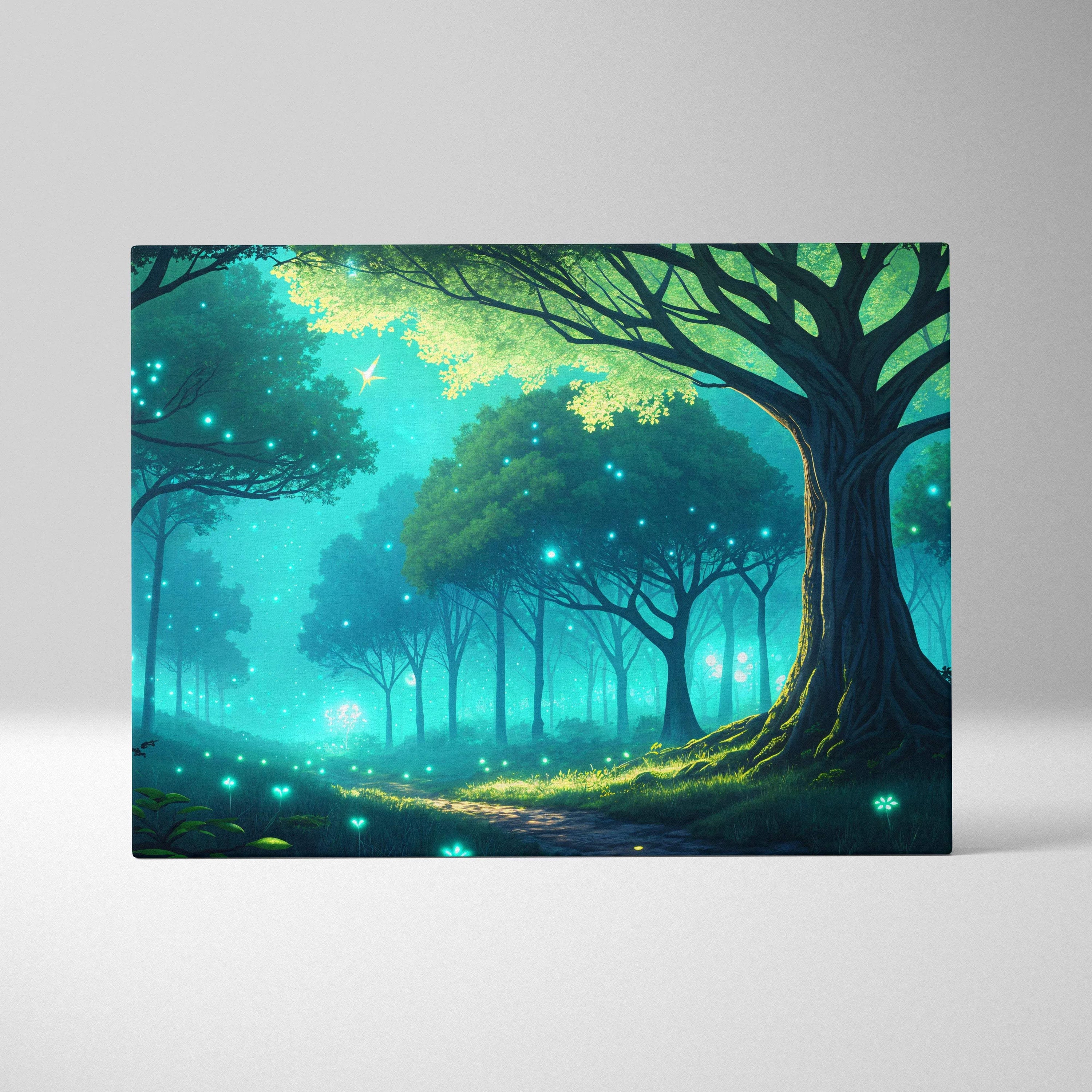 Whispering firefly grove twilight forest canvas wall art in teal emerald blue gold
