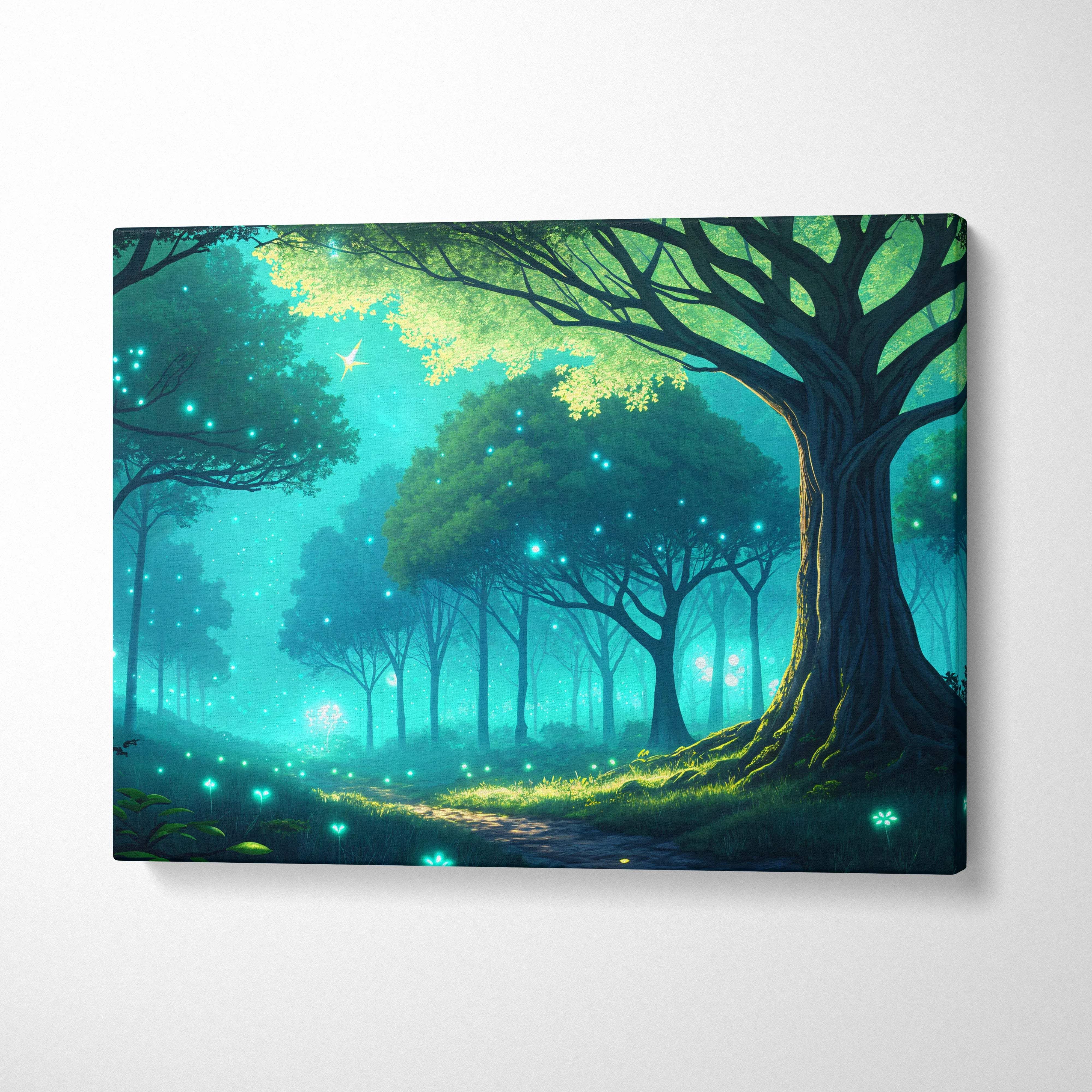 Whispering Firefly Grove painterly twilight forest canvas in teal emerald blue gold