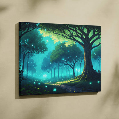 Whispering Firefly Grove teal emerald blue twilight forest canvas wall art