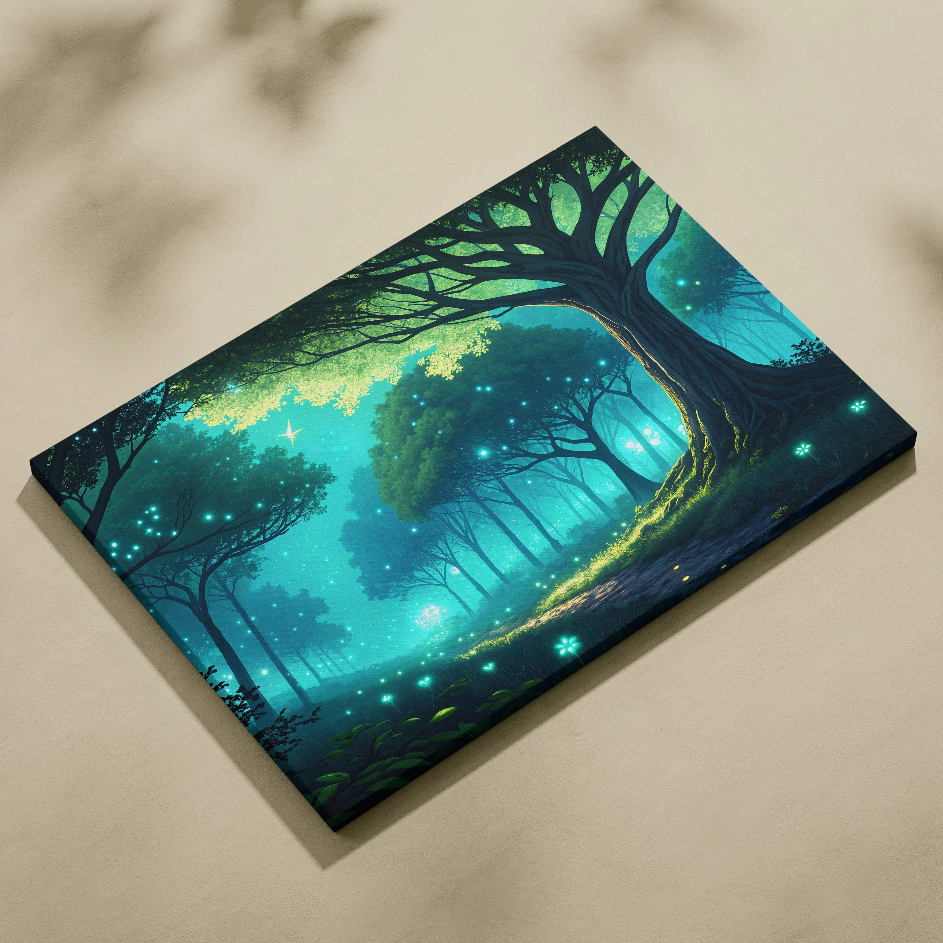 Whispering Firefly Grove painterly twilight forest canvas in teal emerald blue gold