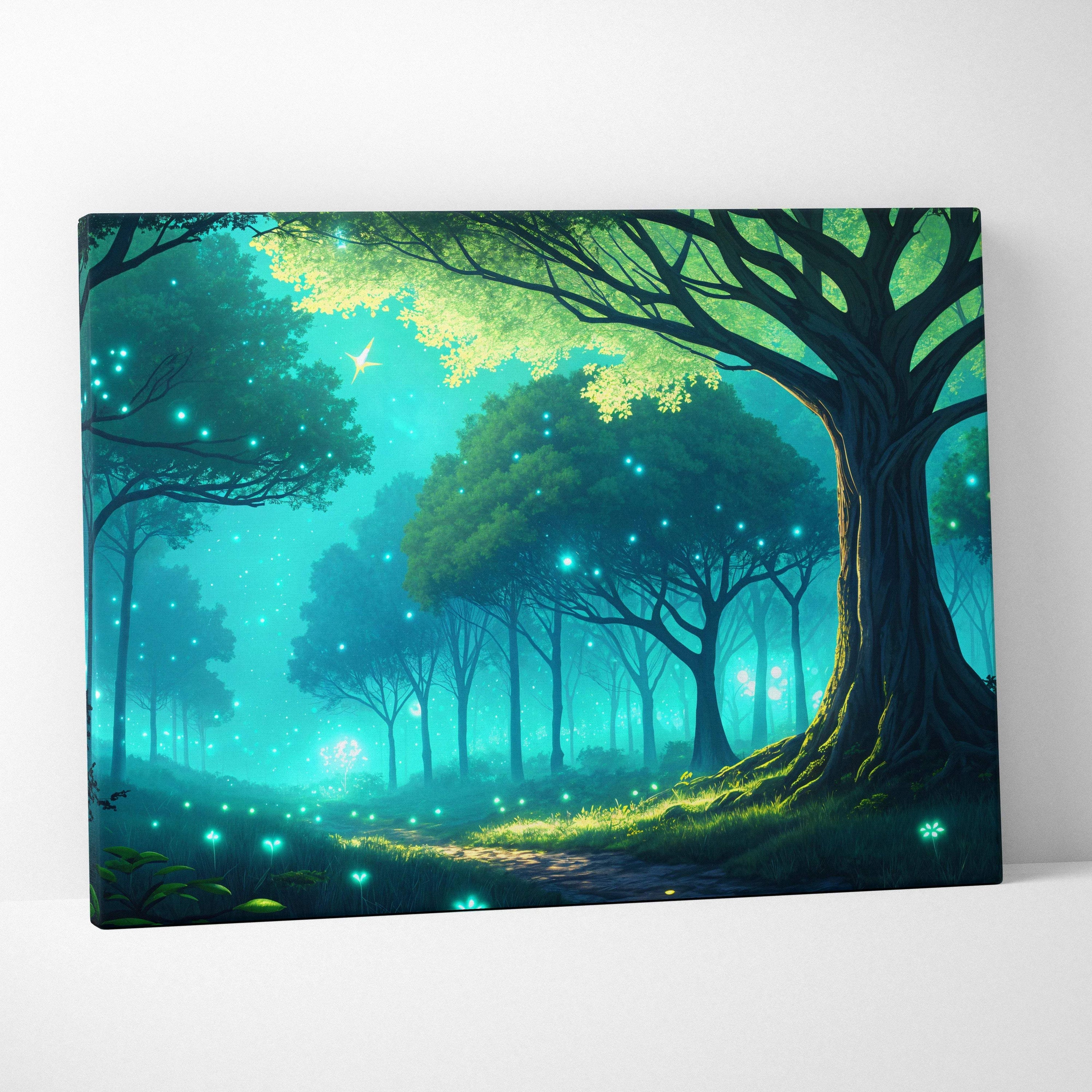 Whispering firefly grove painterly twilight forest canvas in teal emerald blue gold