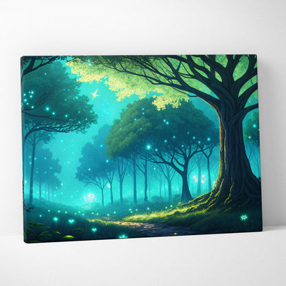 Whispering firefly grove painterly twilight forest canvas in teal emerald blue gold