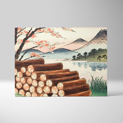 Ukiyo-e style cherry blossoms by quiet lake canvas with cedar logs and misty mountains
